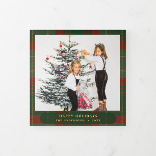 Buffalo Plaid Festive Photos Christmas   Tri-Fold Holiday Card