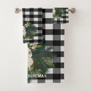 Buffalo Plaid Festive Reindeer Christmas Holiday Bath Towel Set