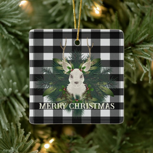Buffalo Plaid Festive Reindeer Christmas Holiday Ceramic Ornament (Tree)
