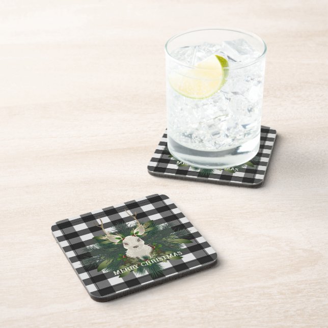 Buffalo Plaid Festive Reindeer Christmas Holiday Coaster (Right Side)