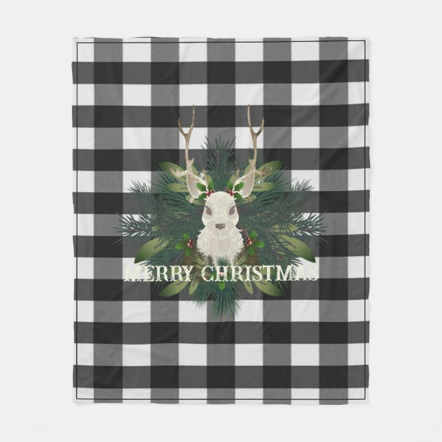 Buffalo Plaid Festive Reindeer Christmas Holiday Fleece Blanket (Front)