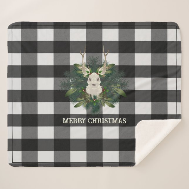 Buffalo Plaid Festive Reindeer Christmas Holiday Sherpa Blanket (Front (Horizontal))