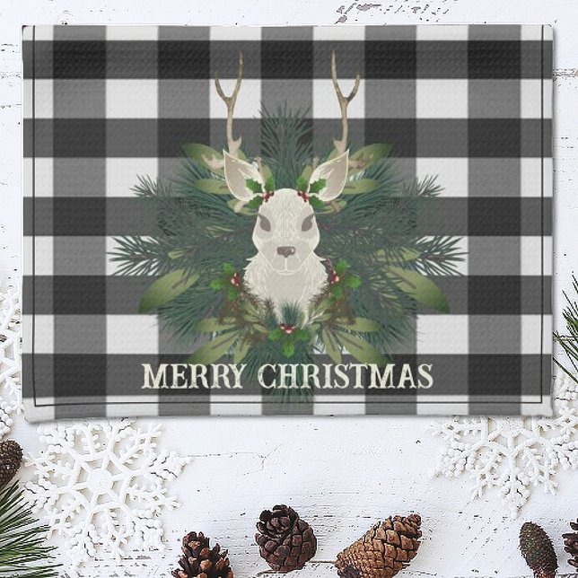 Buffalo Plaid Festive Reindeer Christmas Holiday Tea Towel (Creator Uploaded)