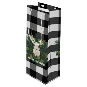 Buffalo Plaid Festive Reindeer Christmas Holiday Wine Gift Bag