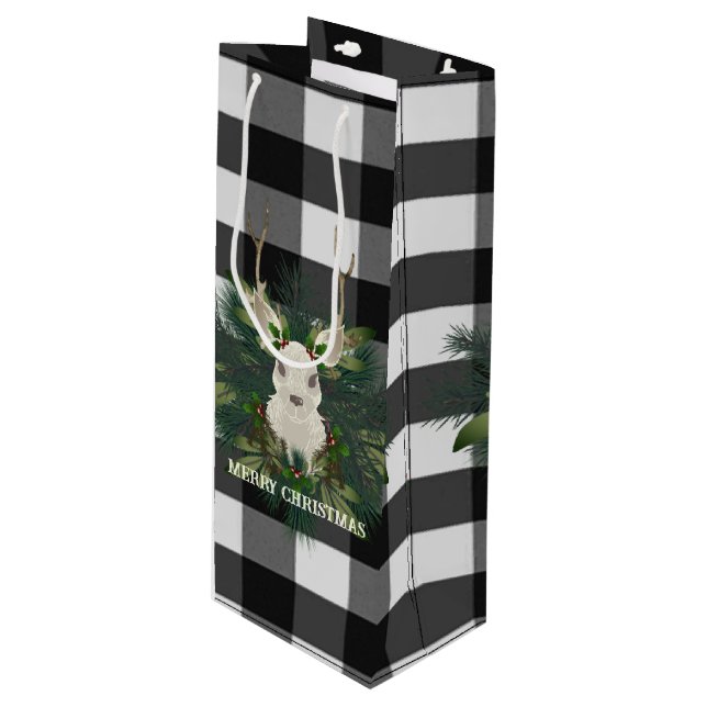 Buffalo Plaid Festive Reindeer Christmas Holiday Wine Gift Bag (Front Angled)