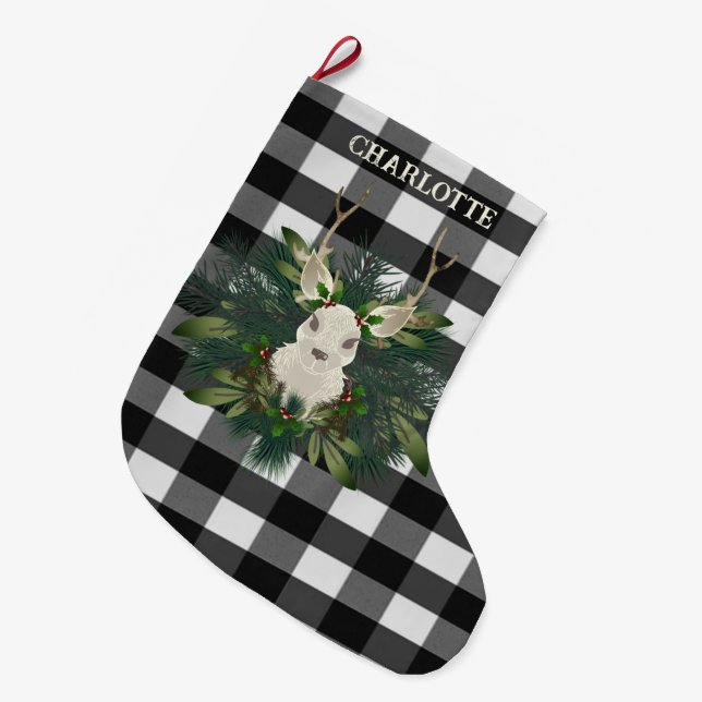 Buffalo Plaid Festive Reindeer Christmas Large Christmas Stocking (Front (Hanging))
