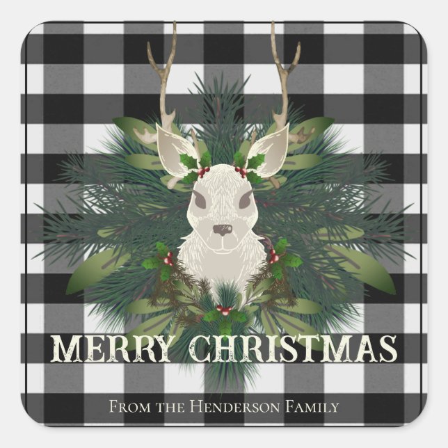 Buffalo Plaid Festive Reindeer Christmas Square Sticker (Front)