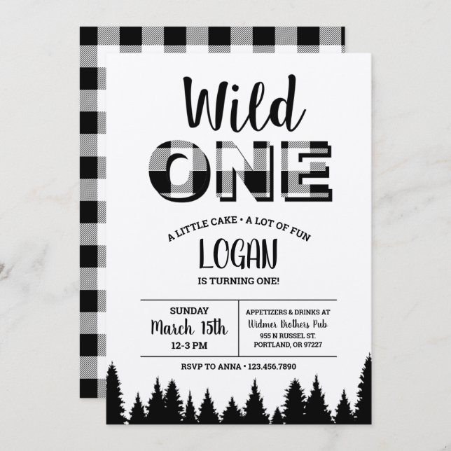 Buffalo Plaid First Birthday Invitation - Wild One (Front/Back)