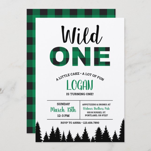 Buffalo Plaid First Birthday Invitation - Wild One (Front/Back)