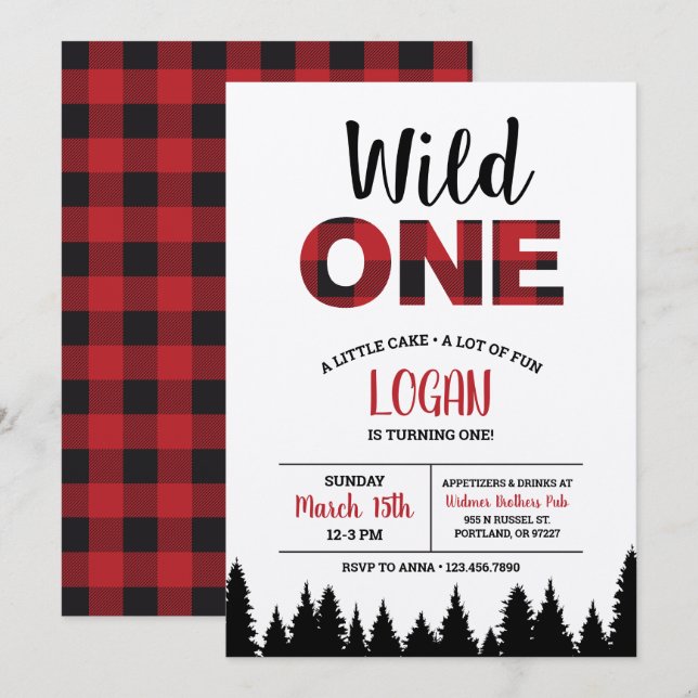 Buffalo Plaid First Birthday Invitation - Wild One (Front/Back)