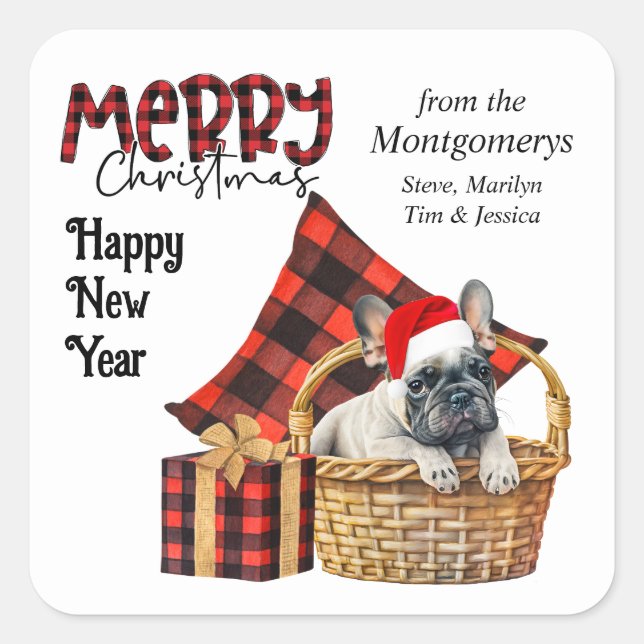 Buffalo Plaid French Bulldog Puppy Christmas Square Sticker (Front)