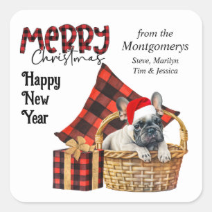 Buffalo Plaid French Bulldog Puppy Christmas Square Sticker