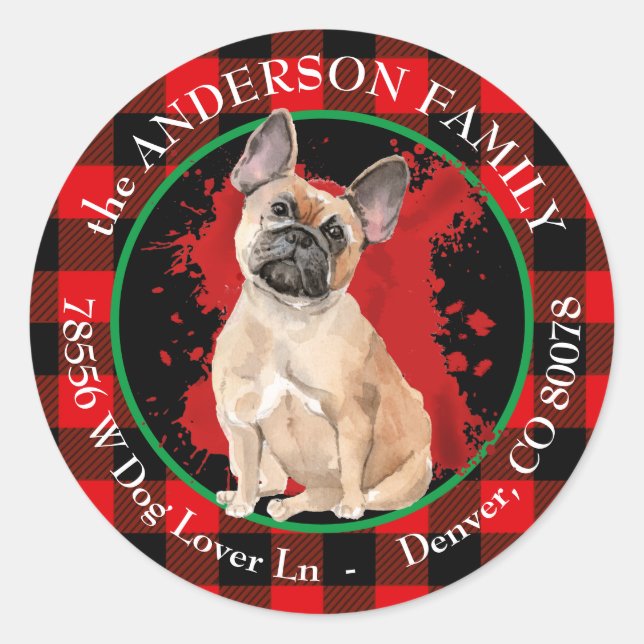 Buffalo Plaid French Bulldog Return Address Classic Round Sticker (Front)