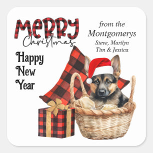 Buffalo Plaid German Shepherd Puppy Christmas Square Sticker