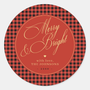 Buffalo Plaid Gingham Red Check Merry and Bright Classic Round Sticker