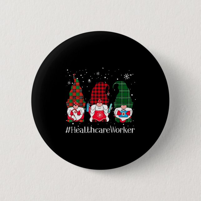 Buffalo Plaid Gnome Healthcare Worker Nurse Christ 6 Cm Round Badge (Front)