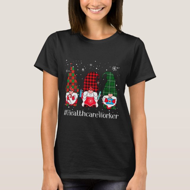 Buffalo Plaid Gnome Healthcare Worker Nurse Christ T-Shirt (Front)