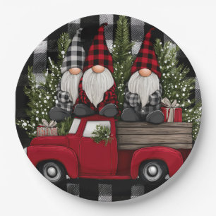 Buffalo Plaid Gnomes Holiday Truck Paper Plates