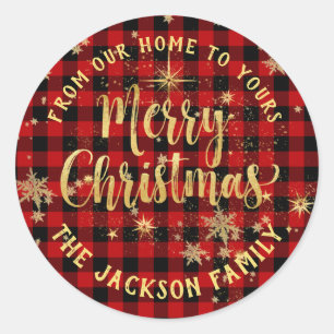 Buffalo Plaid Gold Calligraphy Merry Christmas Classic Round Sticker