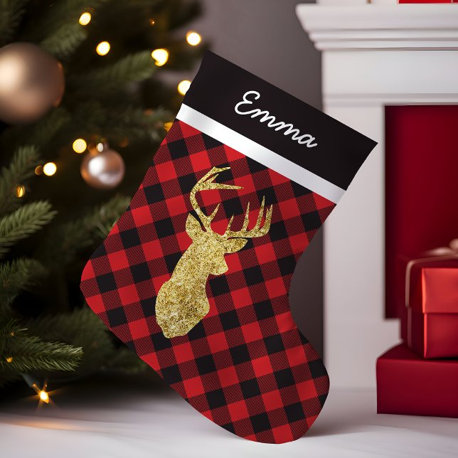 Buffalo Plaid Gold Deer Monogram Small Christmas Stocking (Creator Uploaded)