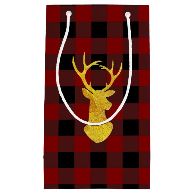 Buffalo Plaid Gold Foil Christmas Deer Small Gift Bag (Front)