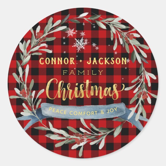 Buffalo Plaid & Gold Script Family Christmas Sign Classic Round Sticker (Front)