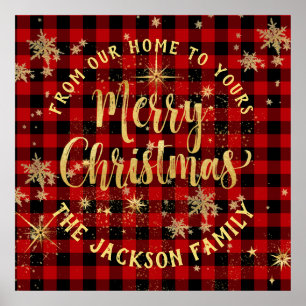 Buffalo Plaid Gold Script Family Merry Christmas Poster