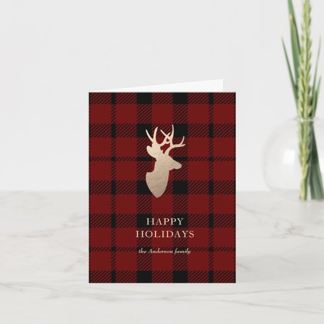 Buffalo Plaid Golden Deer Holiday Photo Card (Front)