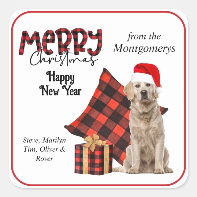 Buffalo Plaid Golden Retriever Christmas Square Sticker (Front)