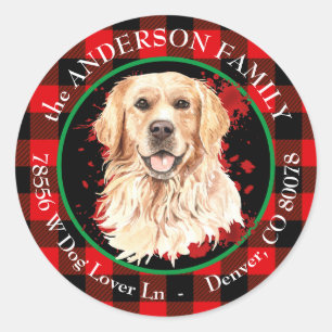 Buffalo Plaid Golden Retriever Dog Return Address Classic Round Sticker