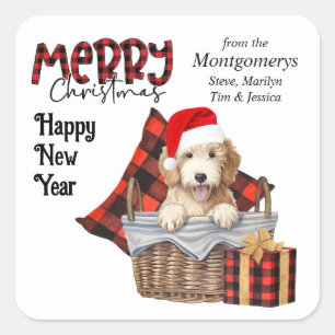 Buffalo Plaid Goldendoodle Puppy Christmas Square Sticker
