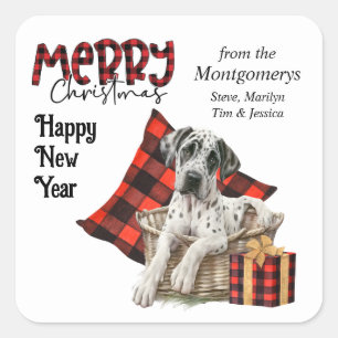 Buffalo Plaid Great Dane Puppy Christmas Square Sticker
