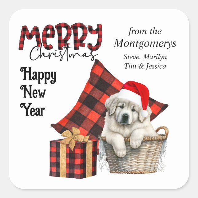 Buffalo Plaid Great Pyrenees Puppy Holiday Square Sticker (Front)