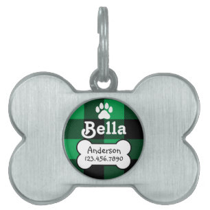 Buffalo Plaid Green and Black Custom Dog Bone Pet ID Tag
