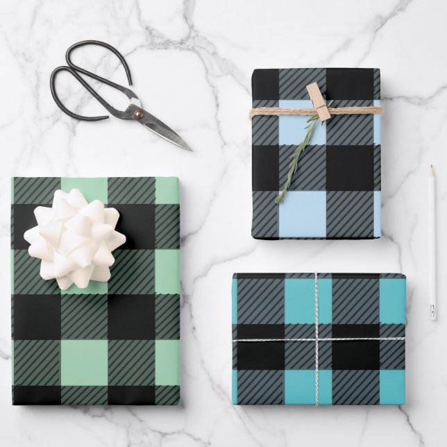Buffalo Plaid Green And Blue Shades Wrapping Paper Sheet (Front)