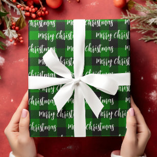 Buffalo Plaid Green Merry Christmas Text Wrapping Paper