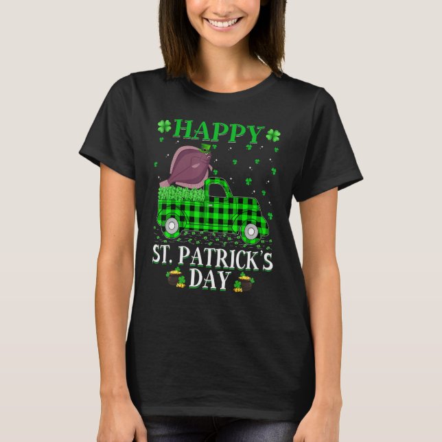Buffalo Plaid Green Truck Flounder Fish St Patrick T-Shirt (Front)