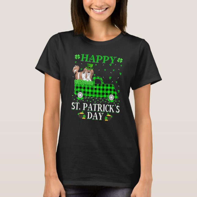 Buffalo Plaid Green Truck Shih Tzu Dog St Patrick' T-Shirt (Front)