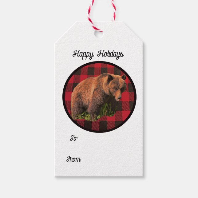 Buffalo Plaid Grizzly Bear Gift Tags (Front)