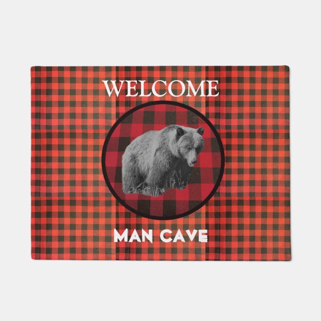 Buffalo Plaid Grizzly Bear Man Cave Doormat (Front)