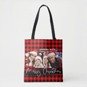 Buffalo Plaid Grunge Personalised Photo Christmas Tote Bag