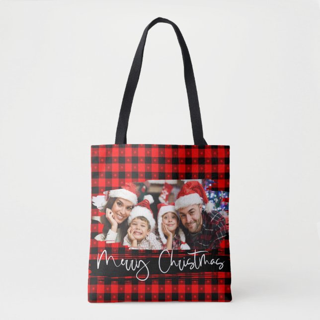  Buffalo Plaid Grunge Personalised Photo Christmas Tote Bag (Front)