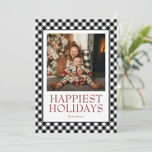 Buffalo Plaid Happiest Holidays Photo Holiday Card (Standing Front)
