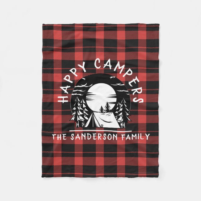 Buffalo Plaid Happy Campers Family Name Camping Fleece Blanket (Front)