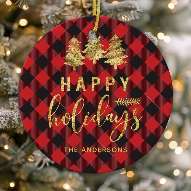 Buffalo Plaid Happy Holidays Personalised Ceramic Tree Decoration (Creator Uploaded)