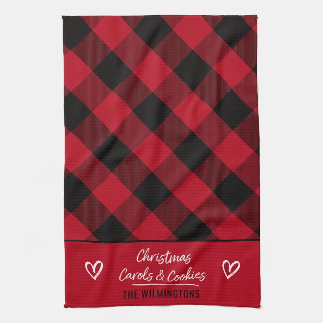 Buffalo Plaid Heart Christmas Carols and Cookies Tea Towel (Vertical)