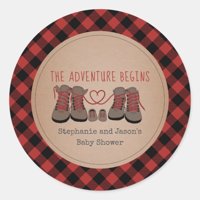 Buffalo Plaid Hiking Boots Adventure Baby Shower Classic Round Sticker (Front)