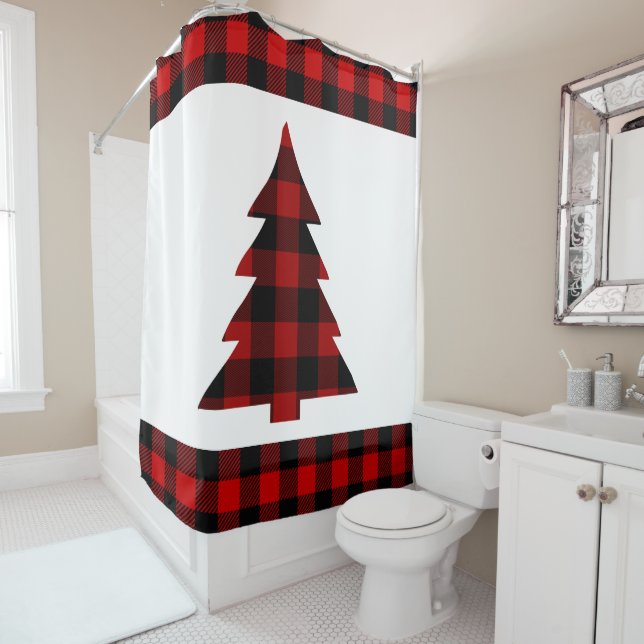 Buffalo Plaid Holiday Christmas Tree Country Shower Curtain (In Situ)