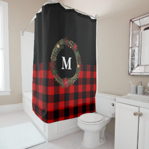 Buffalo Plaid Holiday Monogram Wreath Shower Curtain