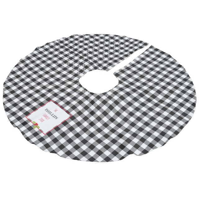 Buffalo Plaid Holly Christmas Family NAME Classic Faux Linen Tree Skirt (Angled)